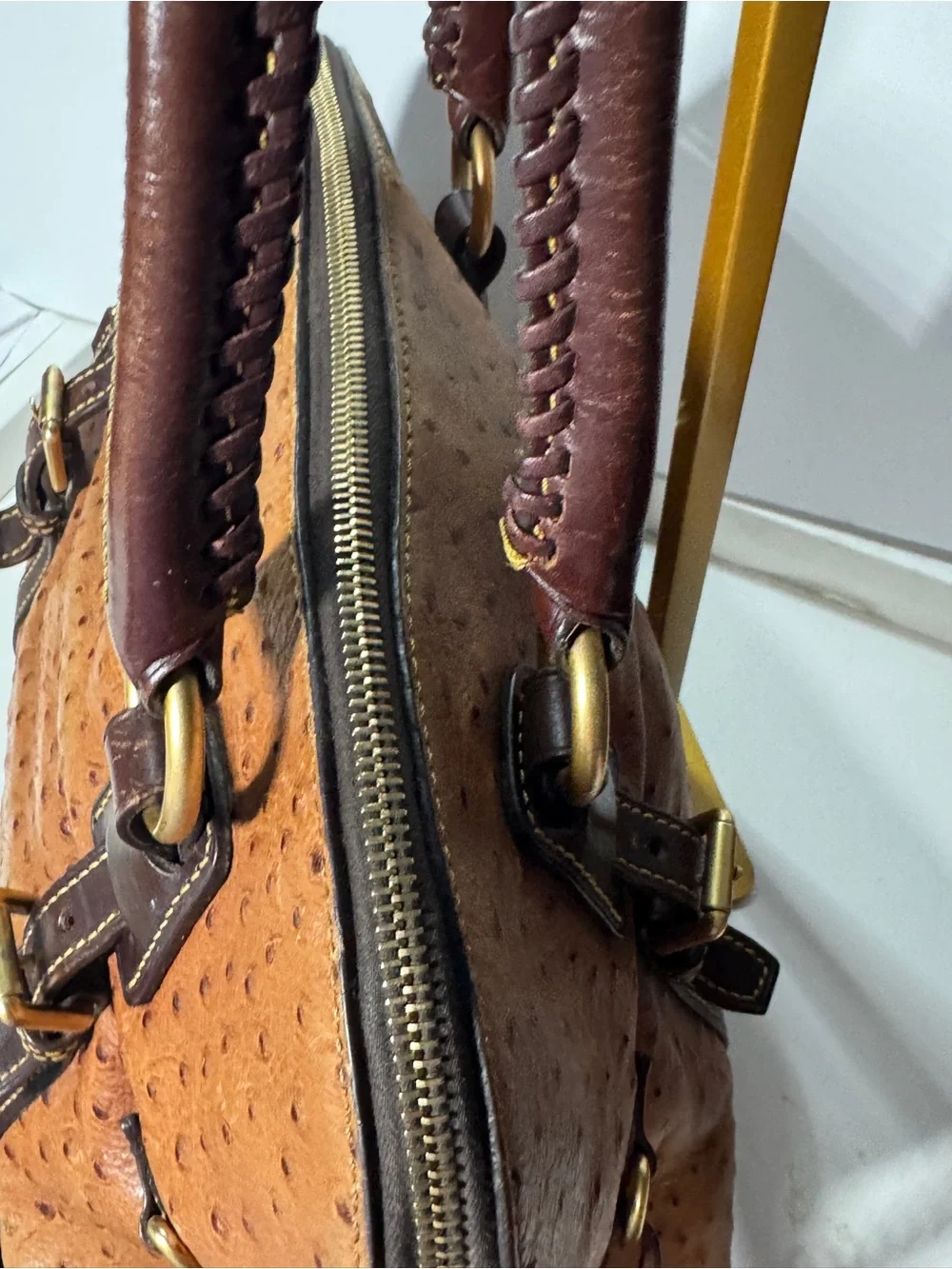 Dooney & Bourke Tan Ostrich-Style Satchel with Dark Brown Trim